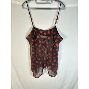 Magic Silk 100% Silk Lingerie Camisole 1-2XL Black Red Lips Print Sheer Ruffle